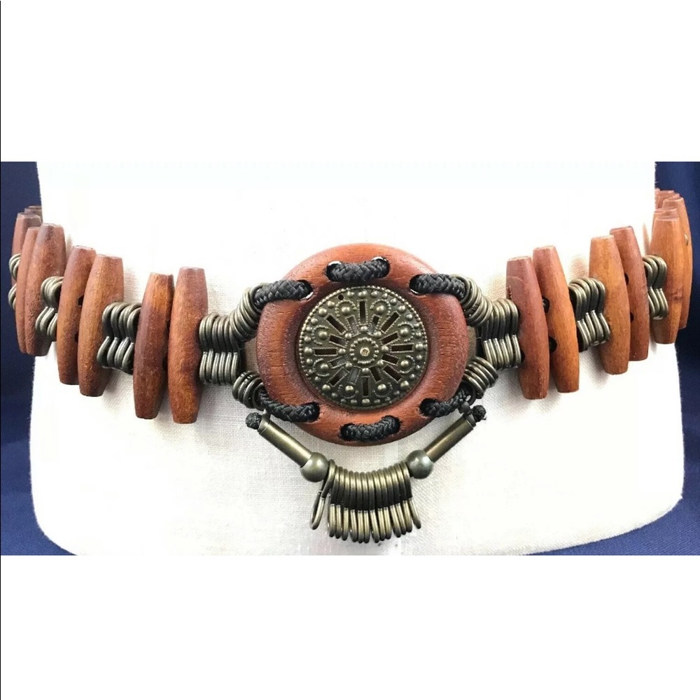 VTG Women Concho Belt Medallion Wood Bohemian 38”